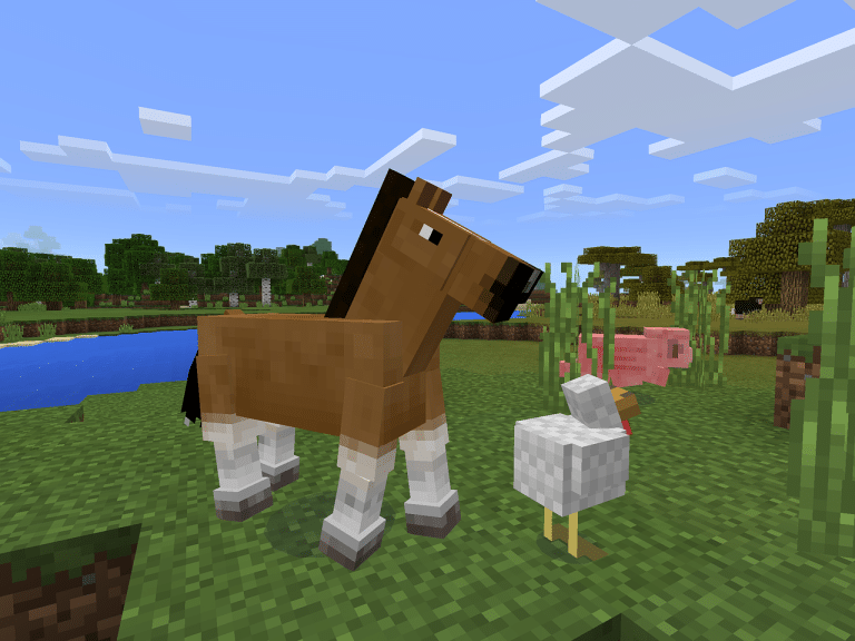 Minecraft horse, pig, and chicken mill about.
