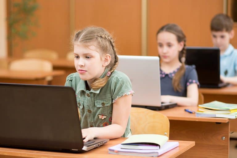 Two young learners sit at laptops in class.