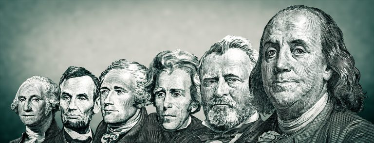 A lineup of the dollar bill portraits of Presidents.
